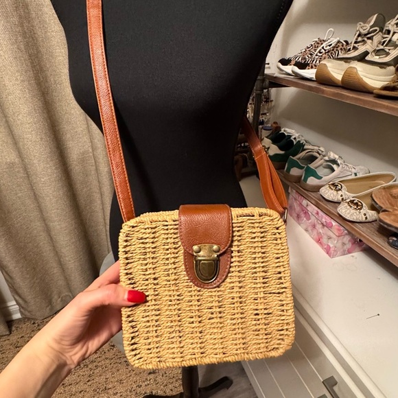 Handbags - Tan Woven Crossbody Bag with Brown Leather Accents